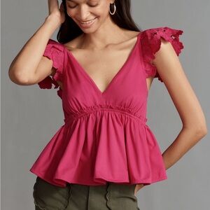 NWT Anthropologie Cotton Flutter Sleeve V Neck Babydoll Pink Top | XS